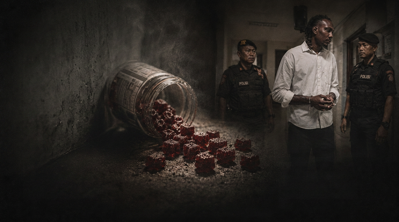 A tipped-over jar of THC gummies spilled on concrete beside Jarred Shaw handcuffed between two Indonesian police officers