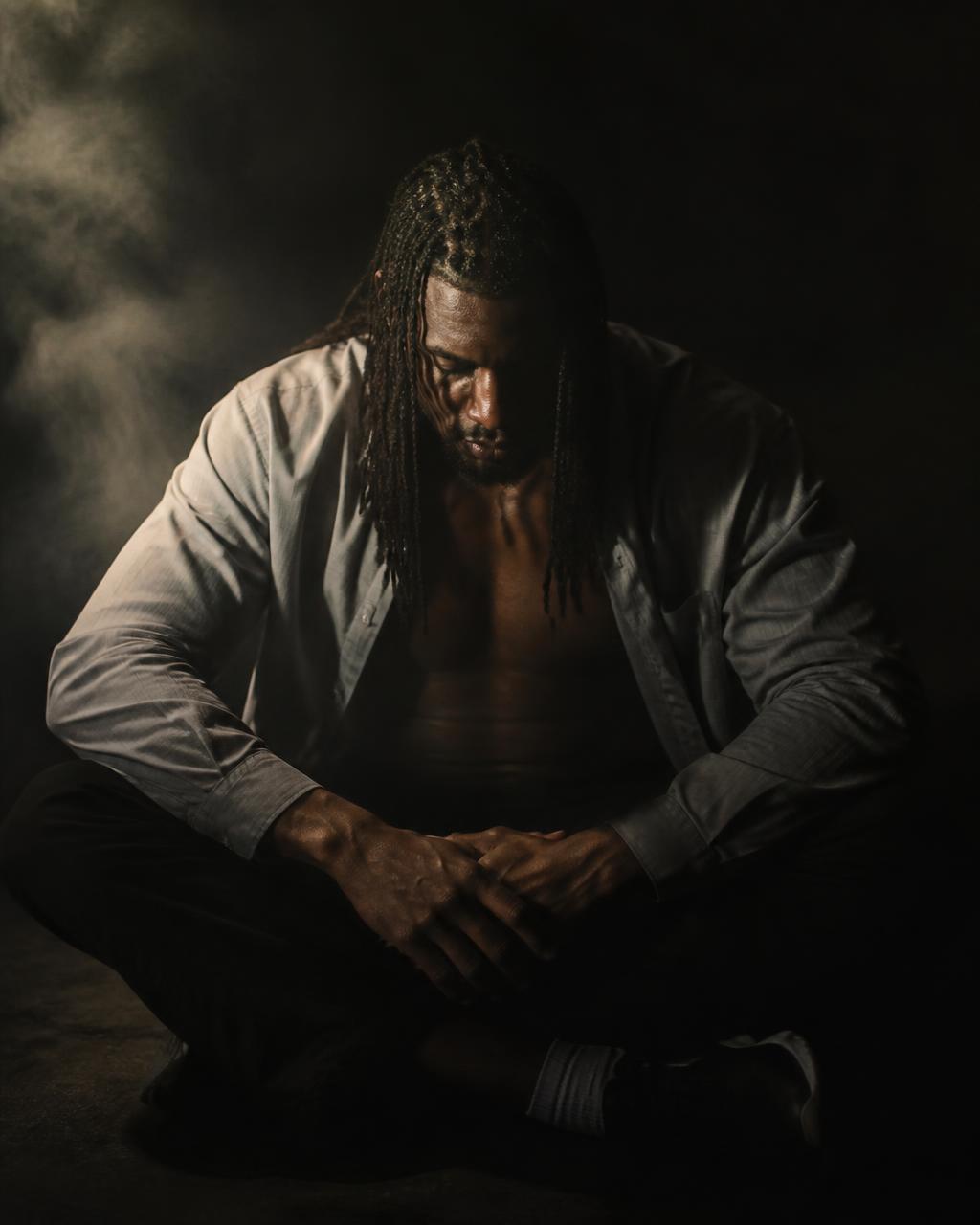 Jarred Shaw seated with his head lowered, in shadow